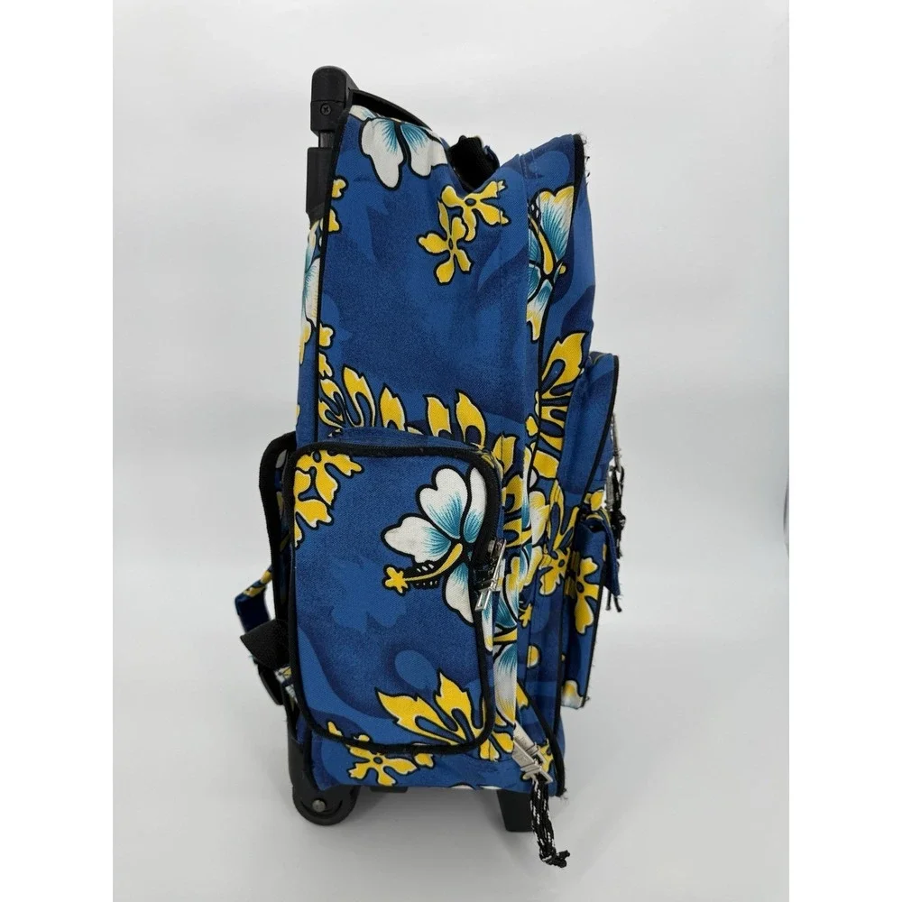 American Eagle Blue Hawaiian Hibiscus Rolling Backpack Carry On Travel Bag VTG